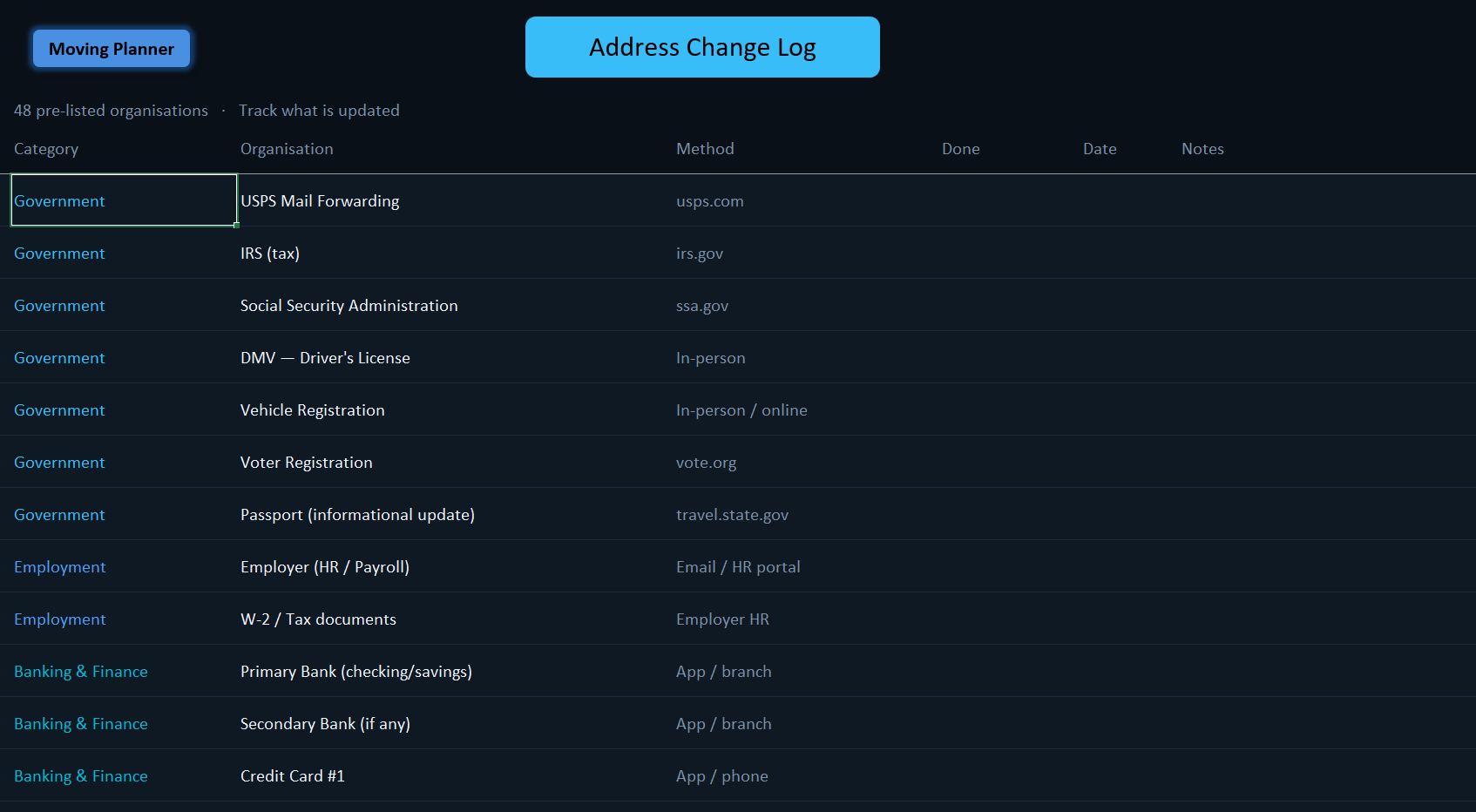 Address Change tab screenshot