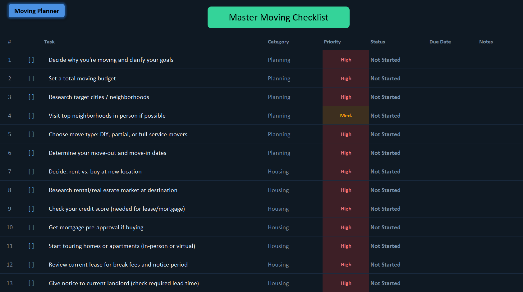 Preview of the PlanUrMove planner spreadsheet